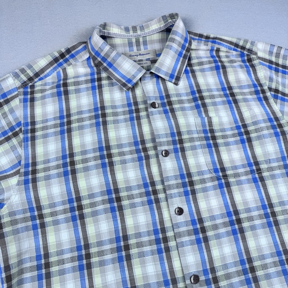 Tommy Bahama 100% Silk Button Shirt Men XL Short Sleeve Plaid Beach Camp Collar